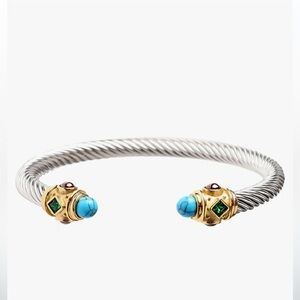 Silver twisted cuff bracelet with gold accents and rhinestones with turq…